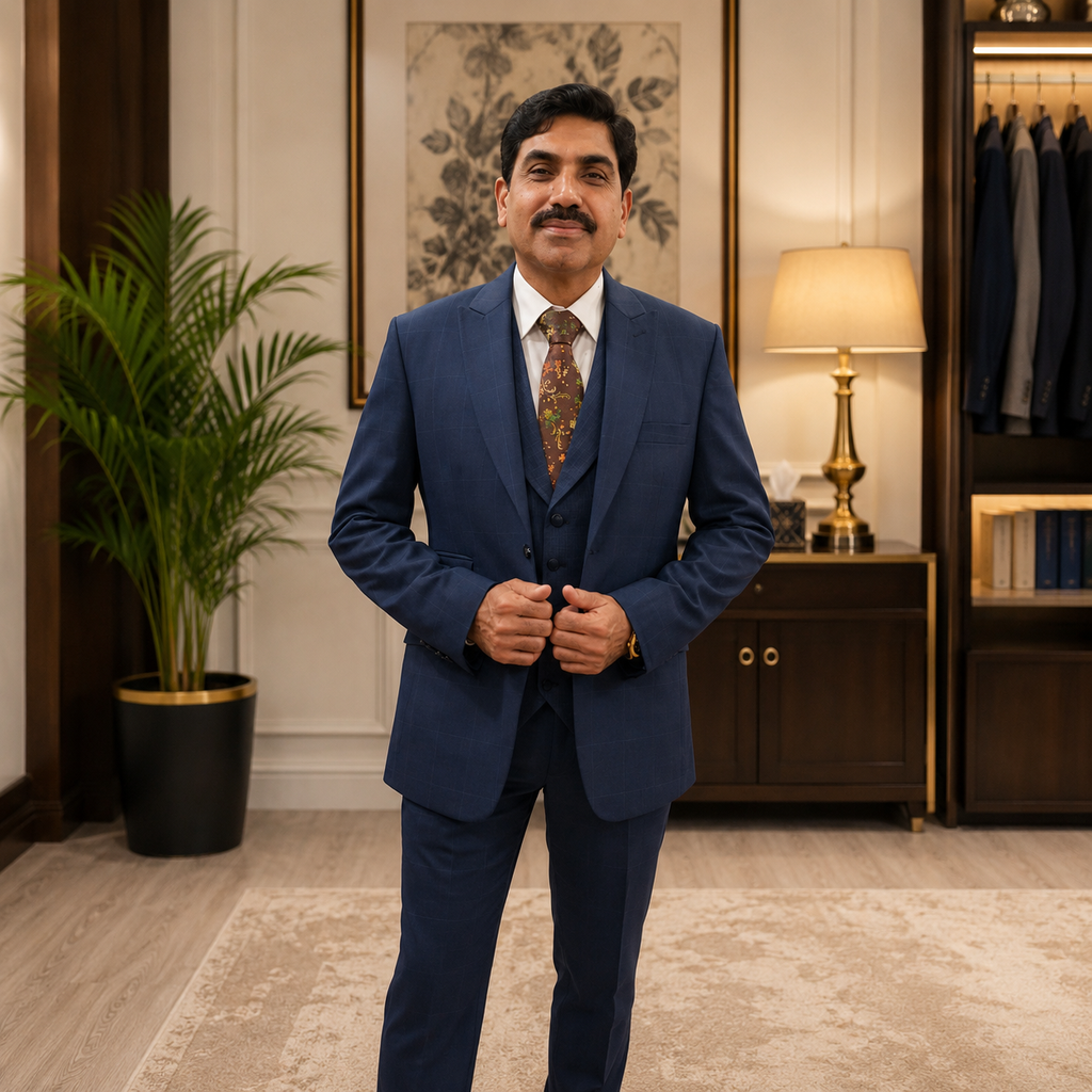 Men's Luxury Navy Blue 3-Piece Suit (Worn by Our Client Professor Dr. Zia Ashraf, Head of Department ICU)