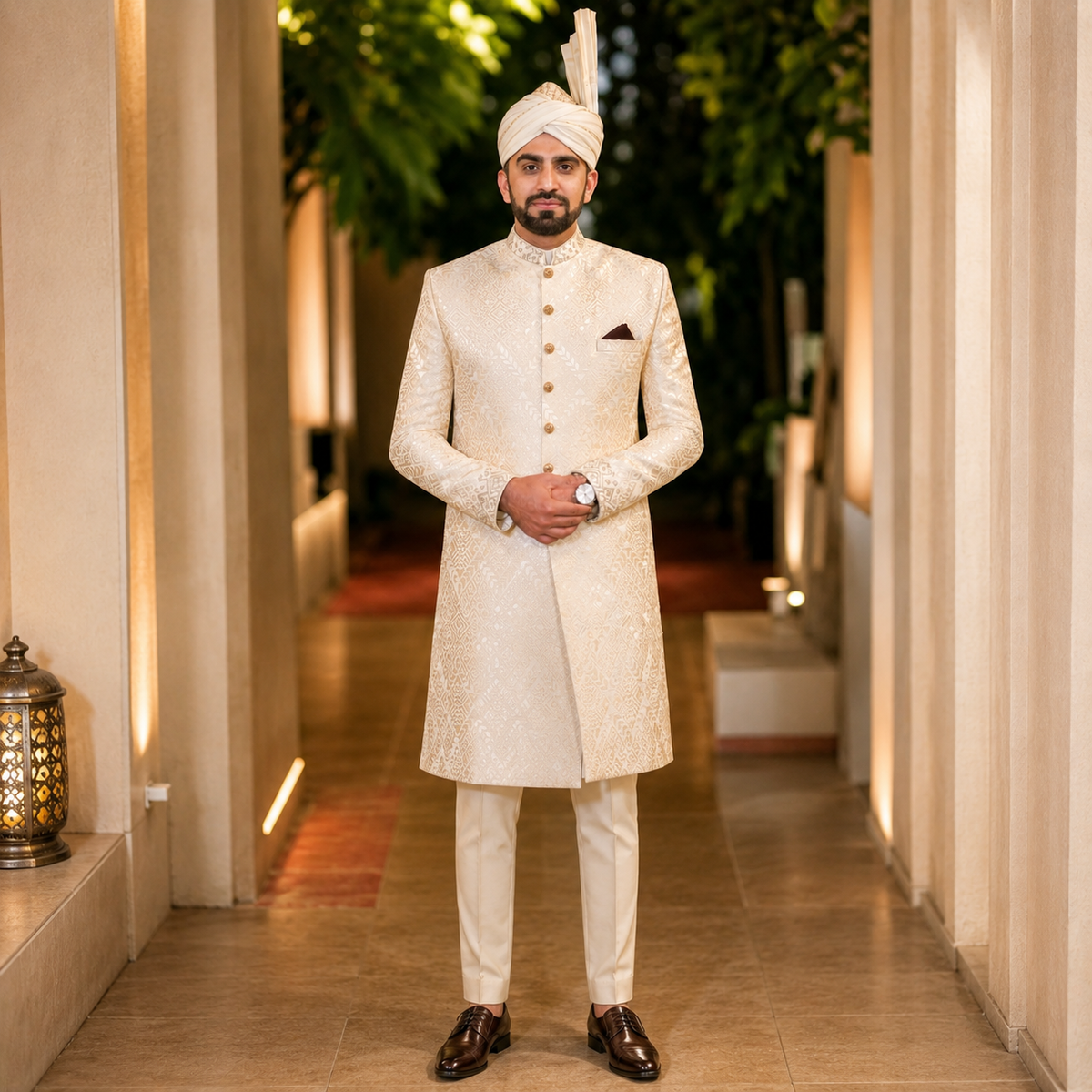 Exquisite Krandi Fabric Sherwani with Luxurious Golden Brass Button Closure