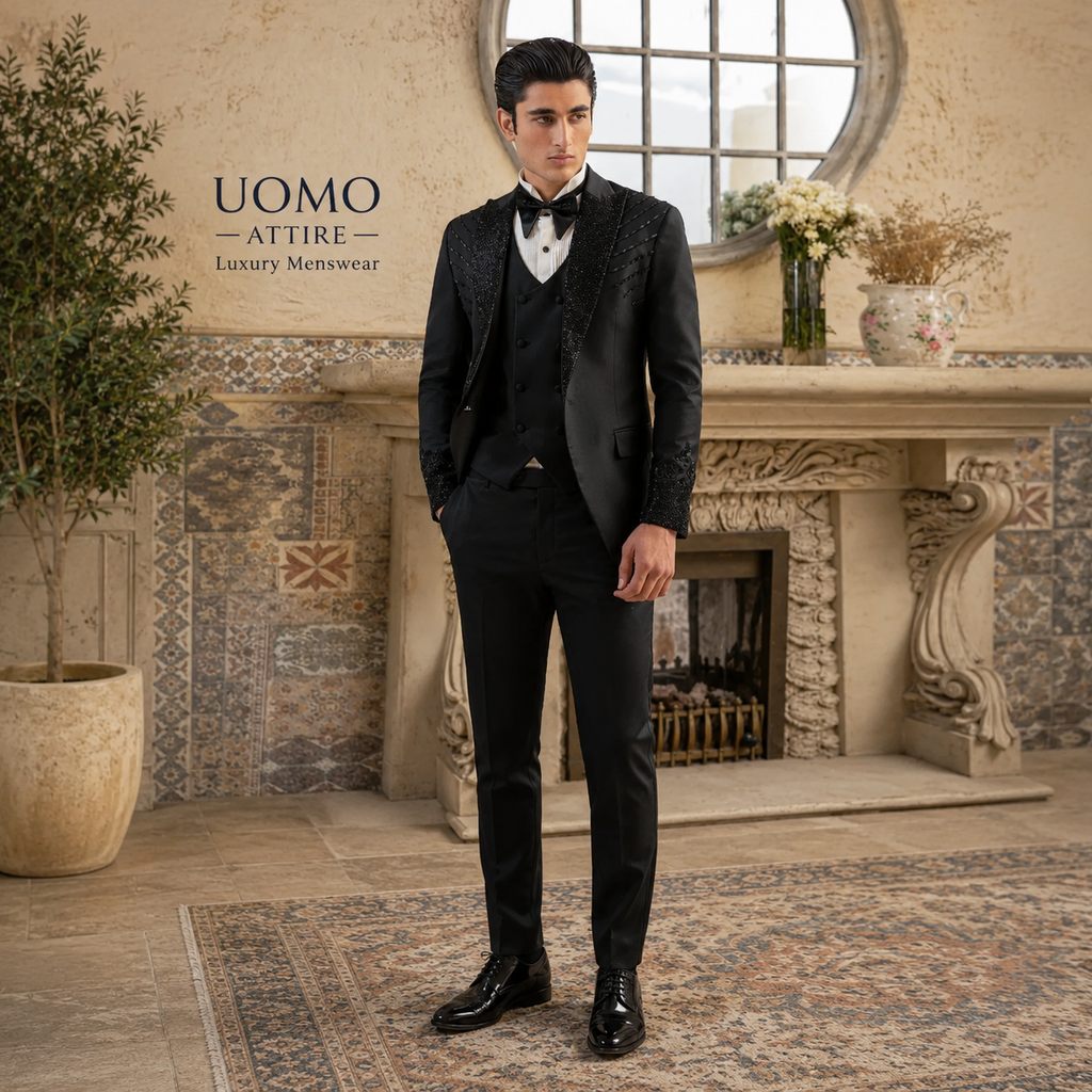 Luxurious Customized Jet Black Tuxedo for Groom with Embellished Shawl, Shoulders, and Cuffs