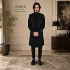 Men's Stylish Black Self Jamawar With Embellishment Sherwani for groom