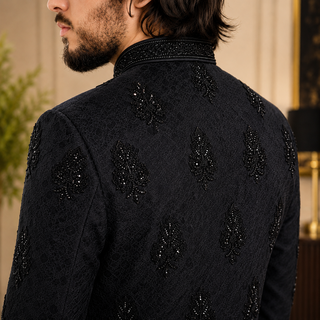 Men's Stylish Black Self Jamawar With Embellishment Sherwani for groom