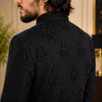 Men's Stylish Black Self Jamawar With Embellishment Sherwani for groom