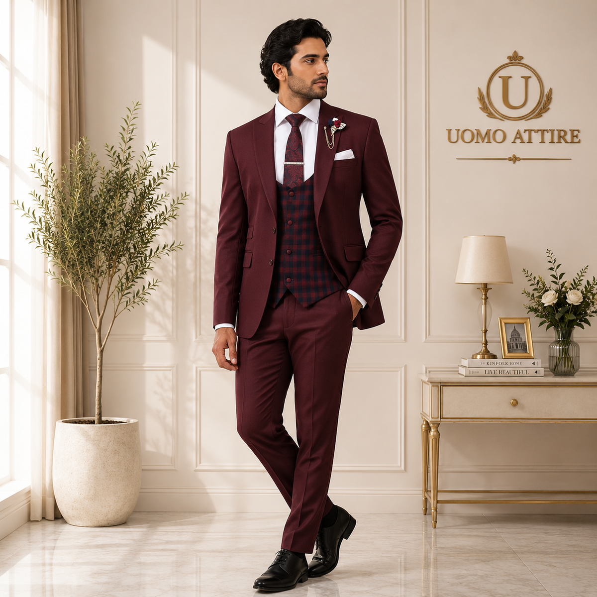 Custom Made Burgundy 3 Piece Suit for Men