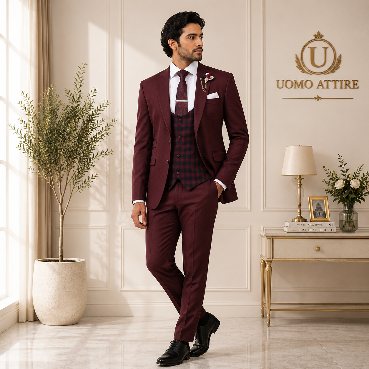 
                  
                    Custom Made Burgundy 3 Piece Suit for Men
                  
                