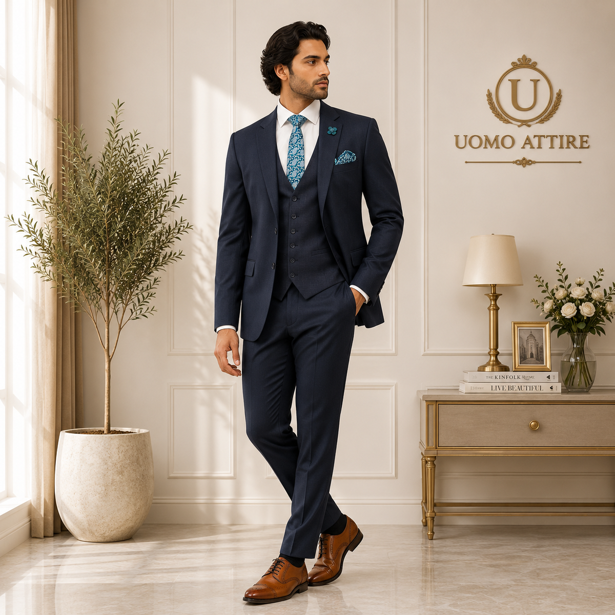 Black three piece suit in marino tropical wool
