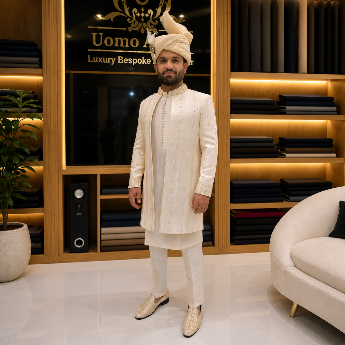 Men's Luxury Off-White Short Sherwani with Gold Embroidery & Saafa