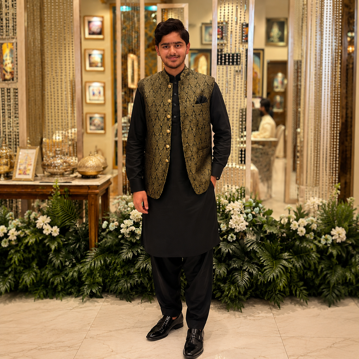 Gold Embroidered Waistcoat for Men Our esteemed happy client, Mr. Kashif Rasool