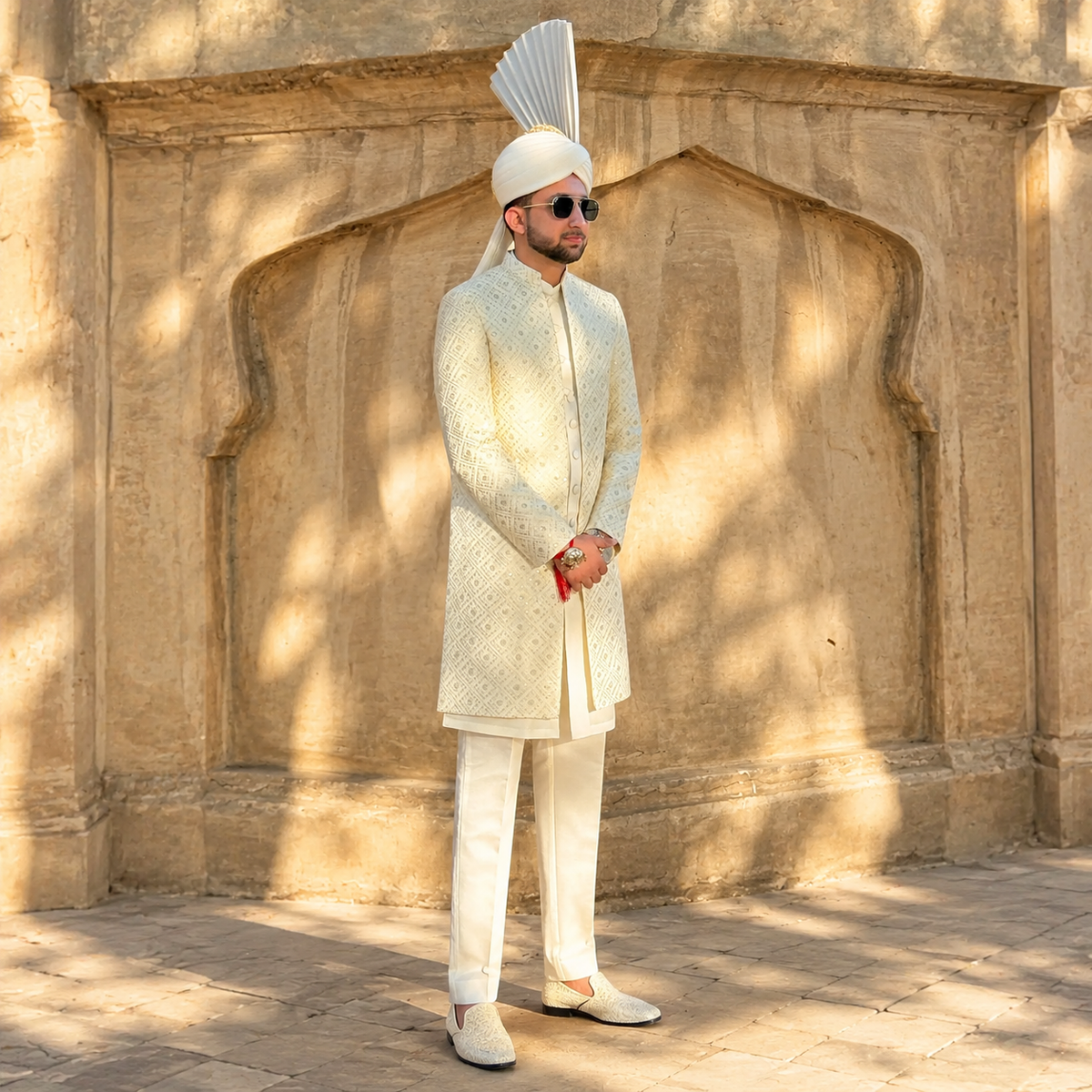 Off-White Sequin Thread Embroidered Sherwani with Sherwani-Style Kurta