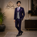 Plum three piece suit with contrast shawl lapel waistcoat