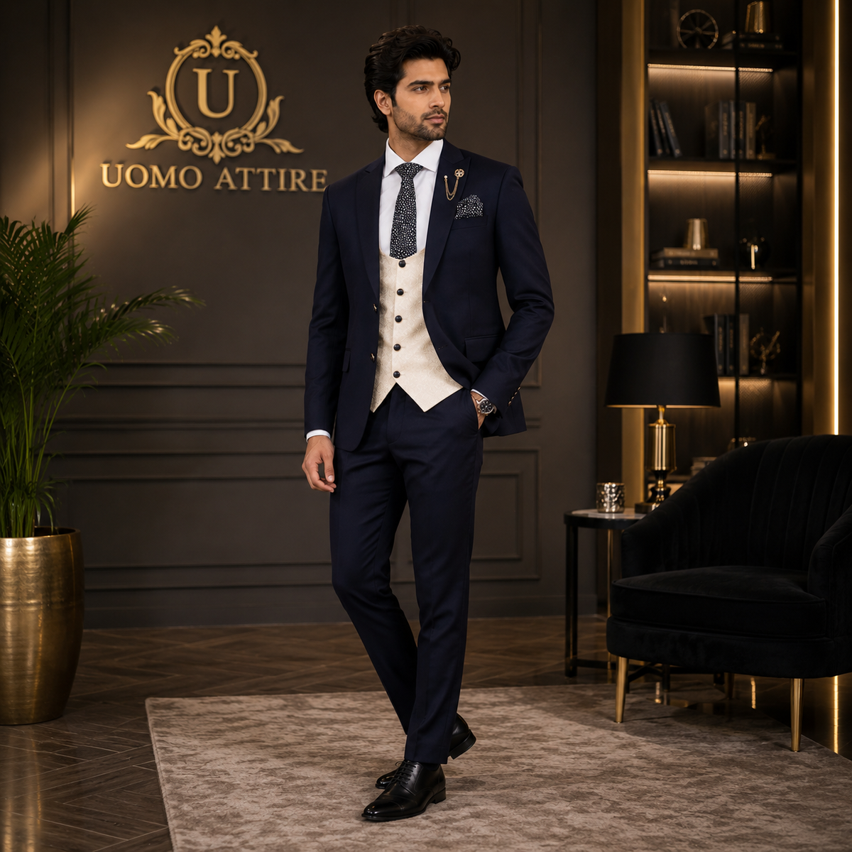 Costume trois pièces foncé sur mesure