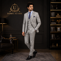 Slate gray three piece suit with tartan plaid checks