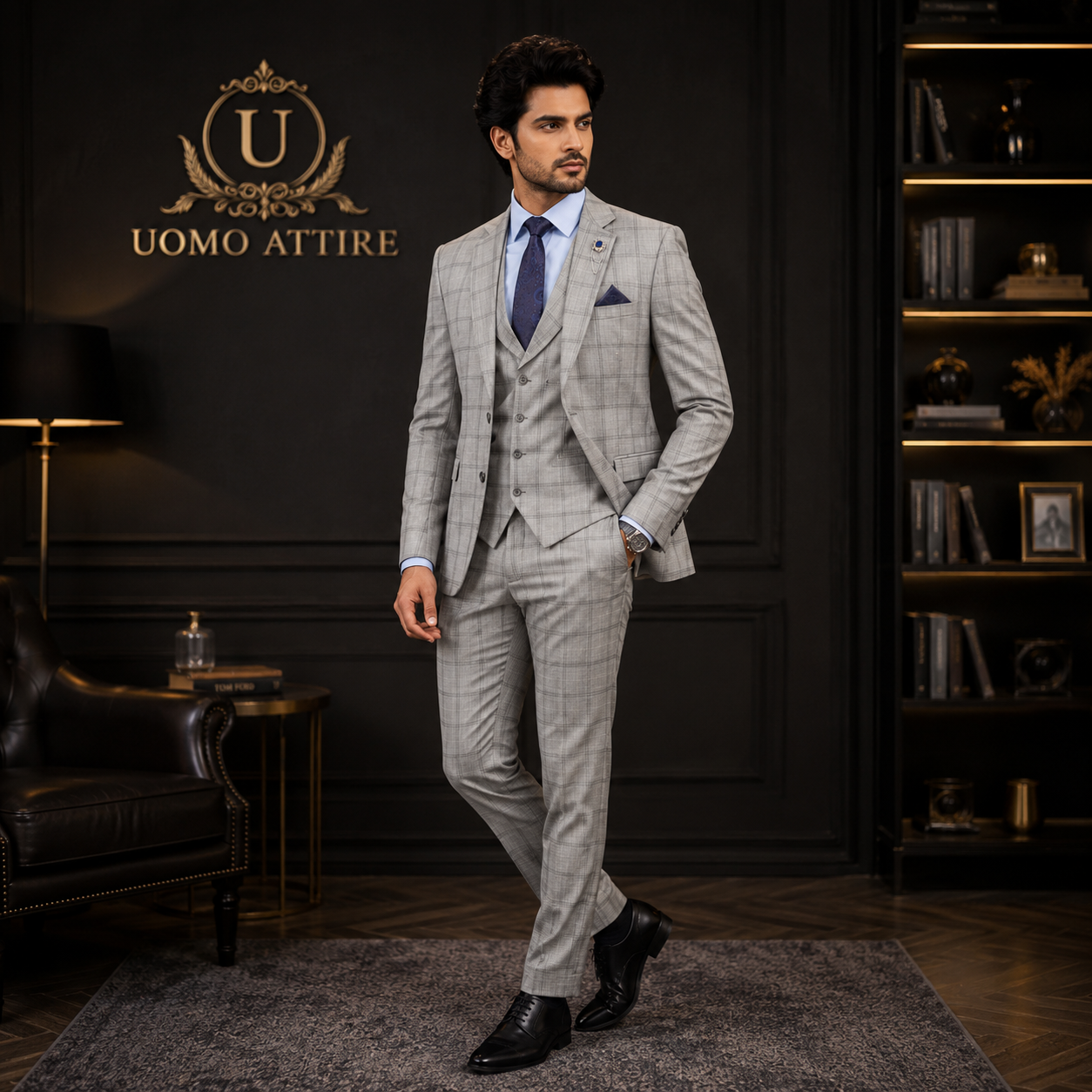 
                  
                    Slate gray three piece suit with tartan plaid checks
                  
                