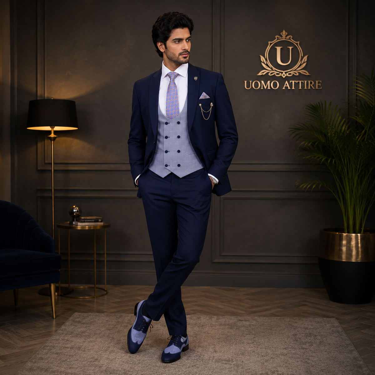 Custom-made deep midnight blue three piece suit