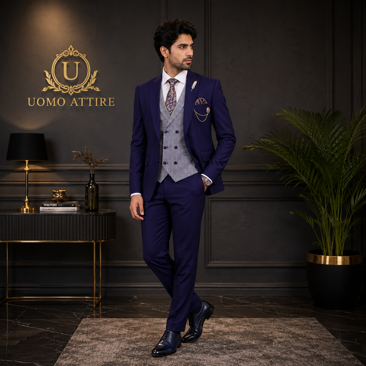 Plum Three-Piece Slim Fit Suit in Pure Italian Fabric