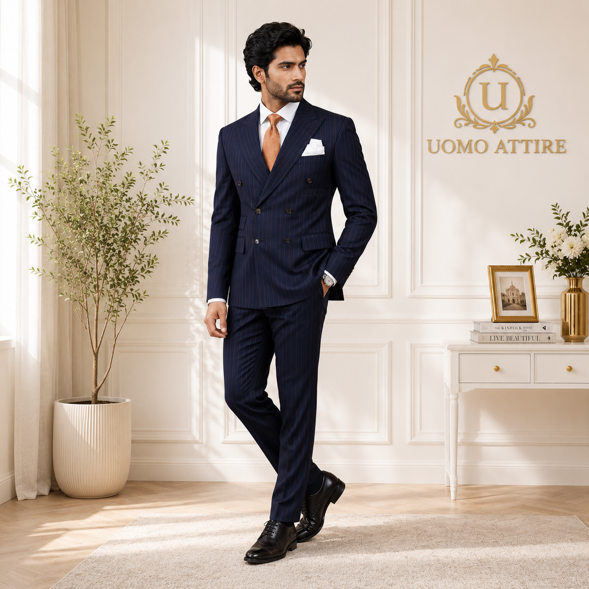 Elevate your look with our blue pinstripe 2 piece suit for men