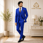 Royal blue for glamorous look three piece suit