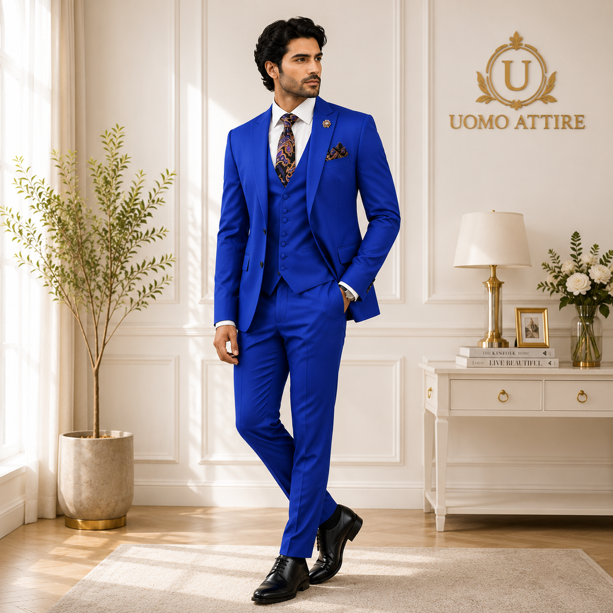 Royal blue for glamorous look three piece suit