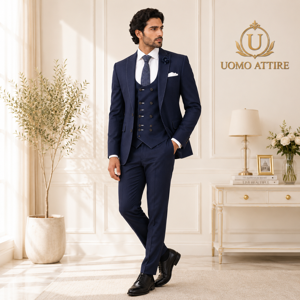Pick stitch navy blue 3 piece suit