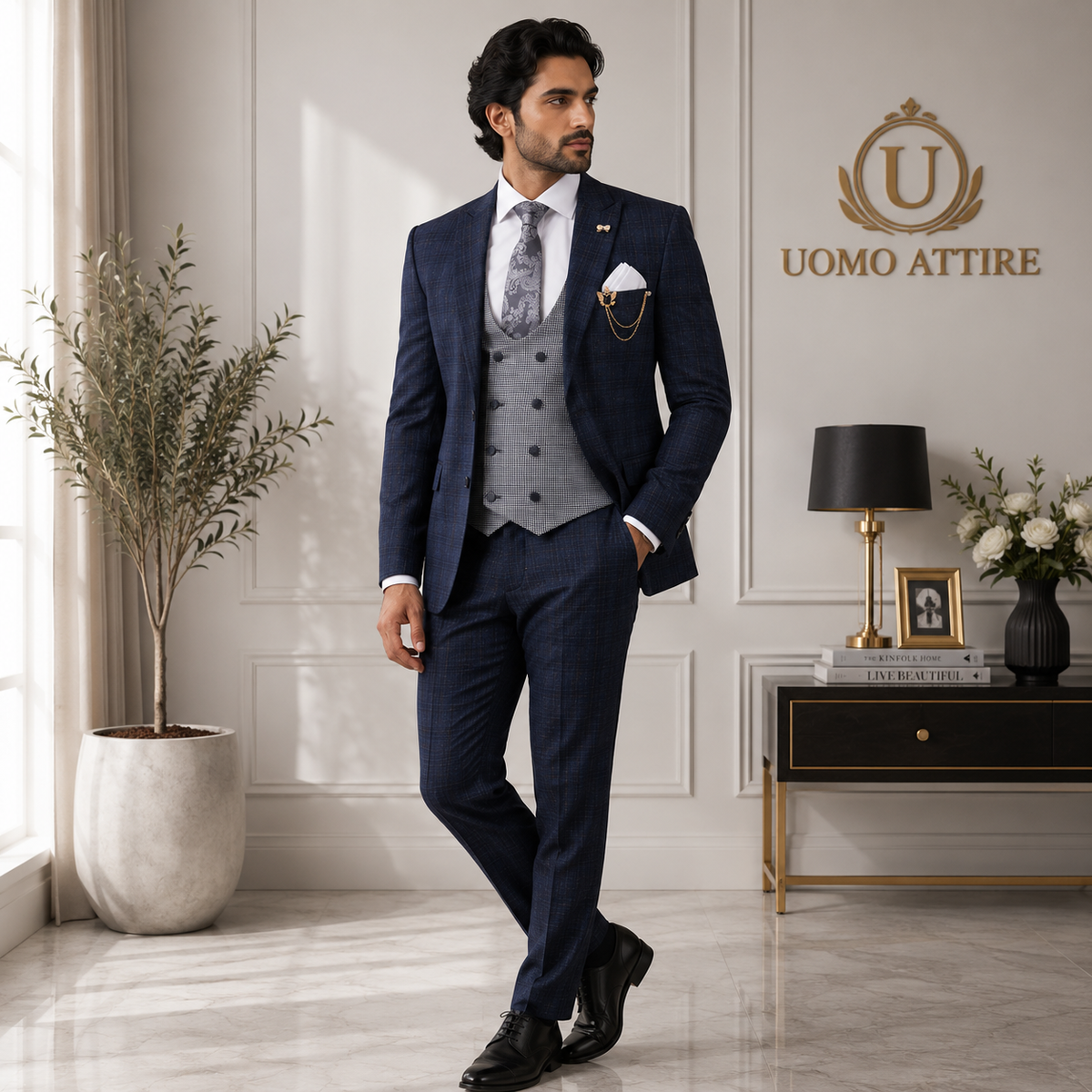 Three piece with double breasted U-shape waistcoat