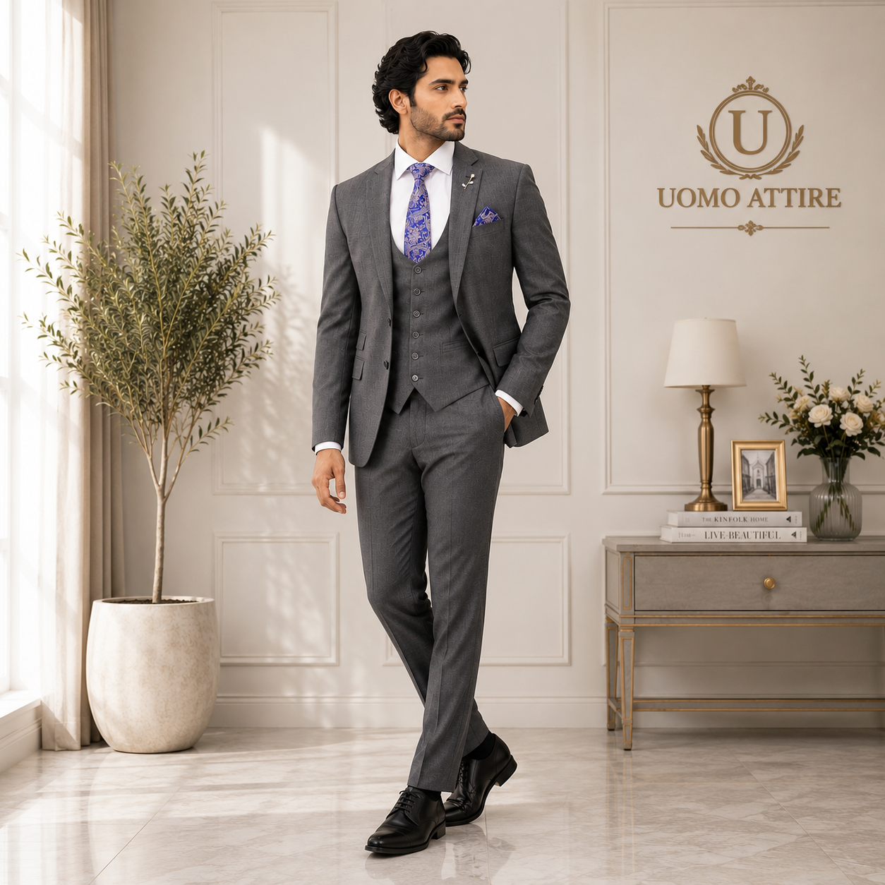 
                  
                    Light weight grey bespoke three piece suit
                  
                