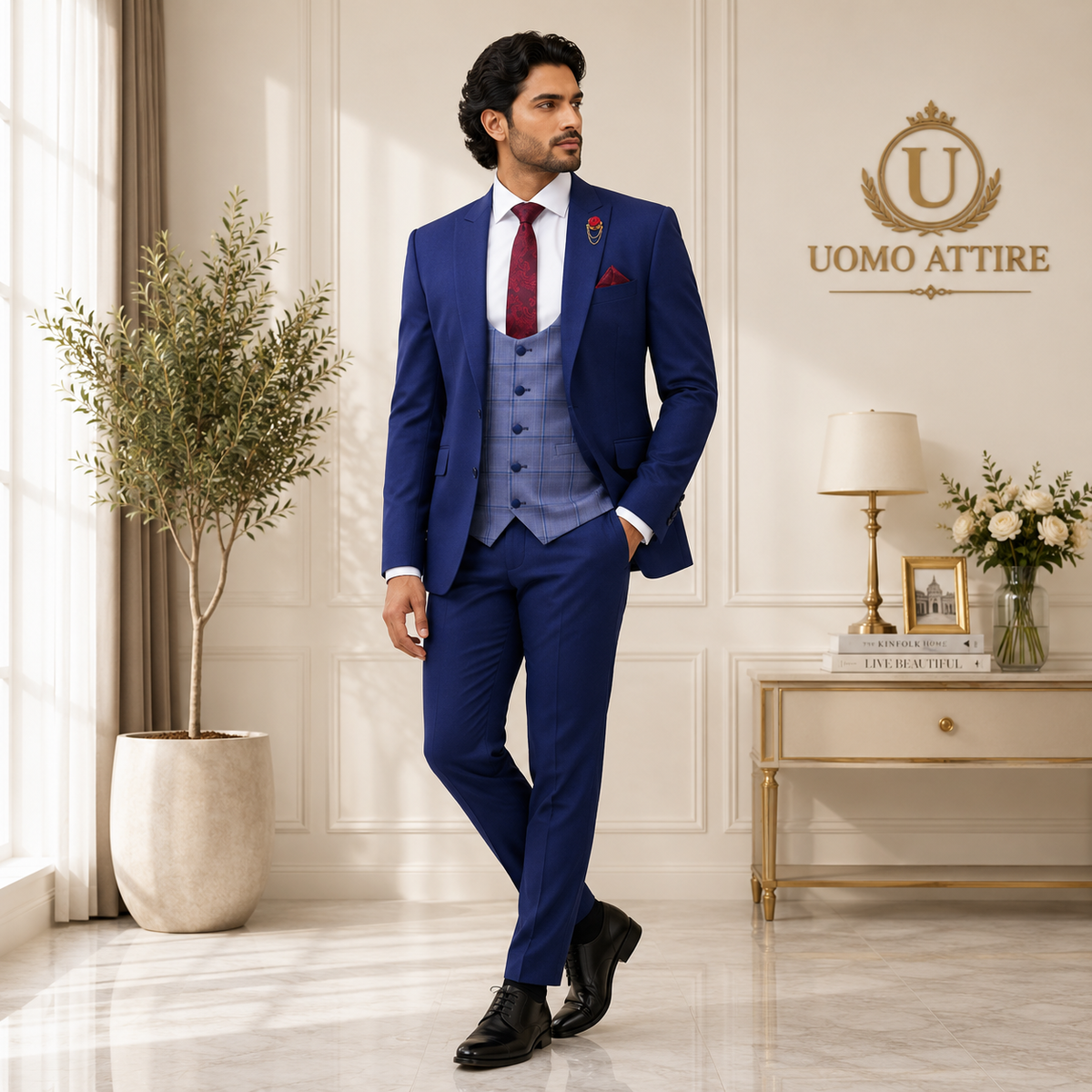 Blue three peice suit with deep U-shape waistcoat