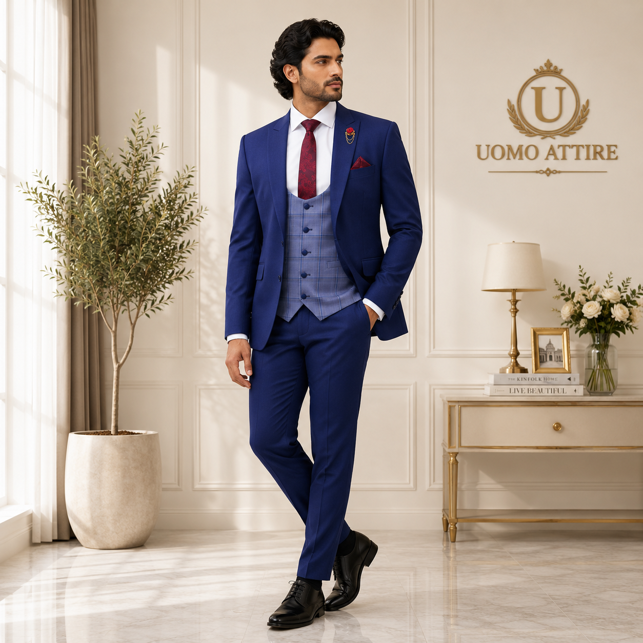 
                  
                    Blue three peice suit with deep U-shape waistcoat
                  
                