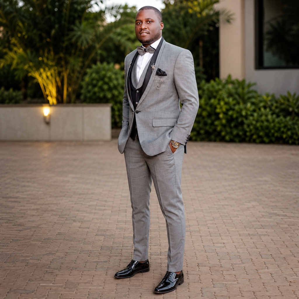 Luxury Charcoal Grey Tuxedo for Men with Black Shawl Lapel and Contrasted Waistcoat