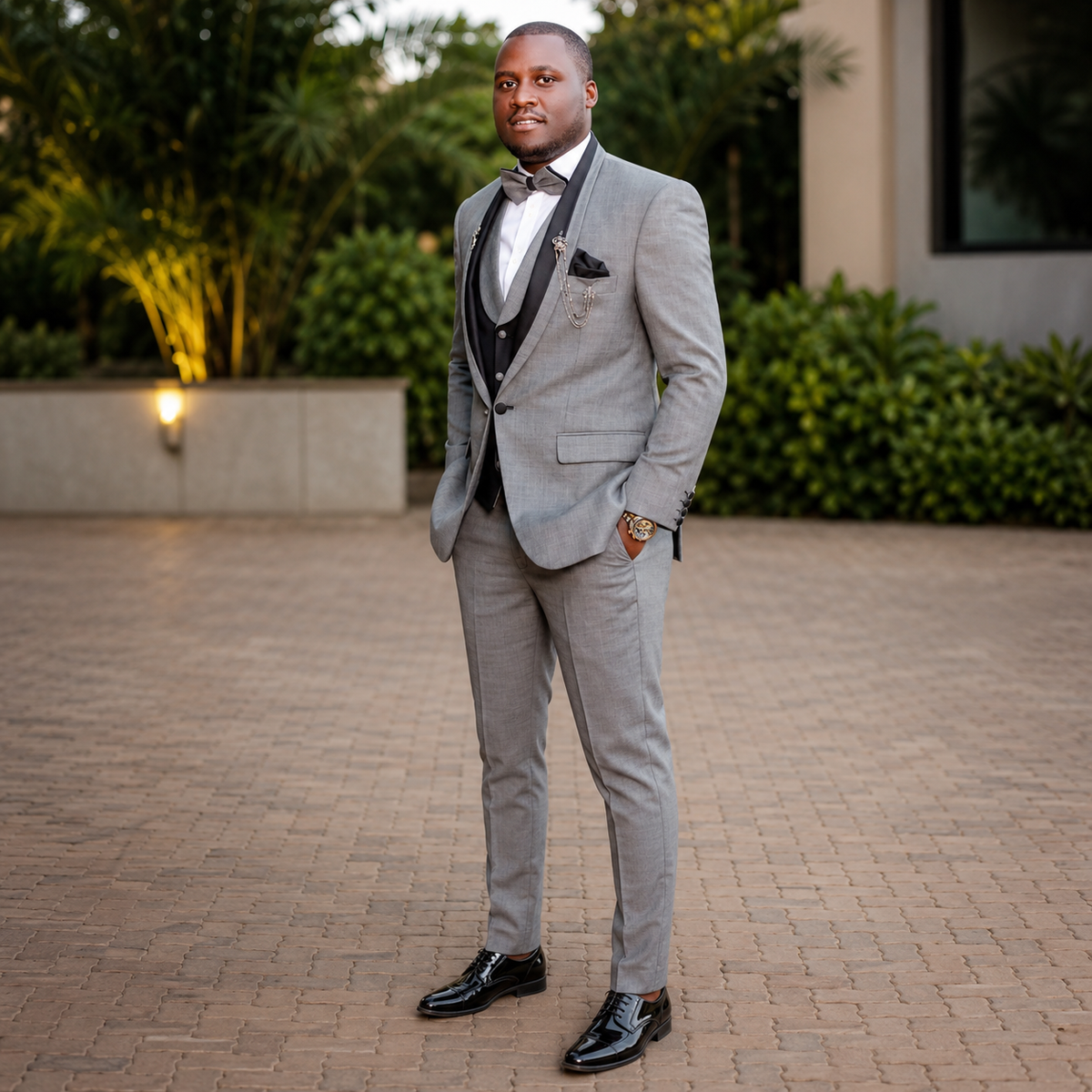 Luxury Charcoal Grey Tuxedo for Men with Black Shawl Lapel and Contrasted Waistcoat
