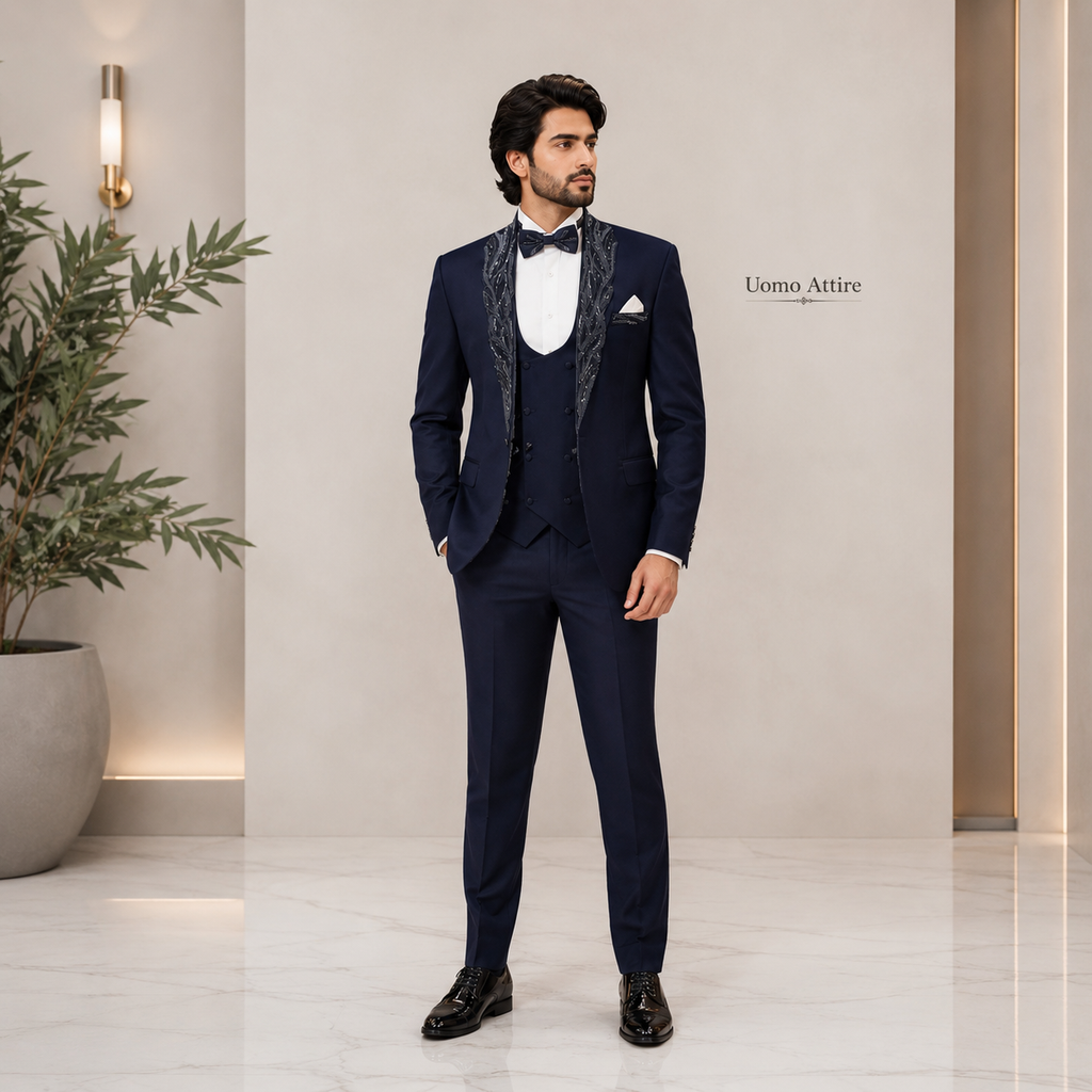 Luxury Blue Tuxedo with Embellished Shawl Lapel and Double-Breasted Waistcoat