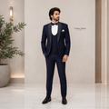 Luxury Blue Tuxedo with Embellished Shawl Lapel and Double-Breasted Waistcoat