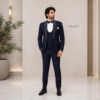 Luxury Blue Tuxedo with Embellished Shawl Lapel and Double-Breasted Waistcoat