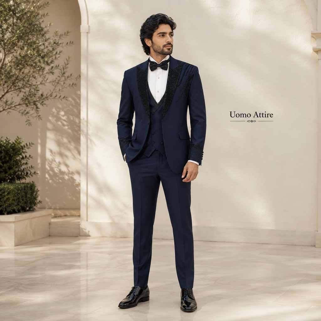 Luxury Deep Navy Tuxedo with Black Embellishments and Tailored Waistcoat
