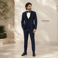 Luxury Deep Navy Tuxedo with Black Embellishments and Tailored Waistcoat