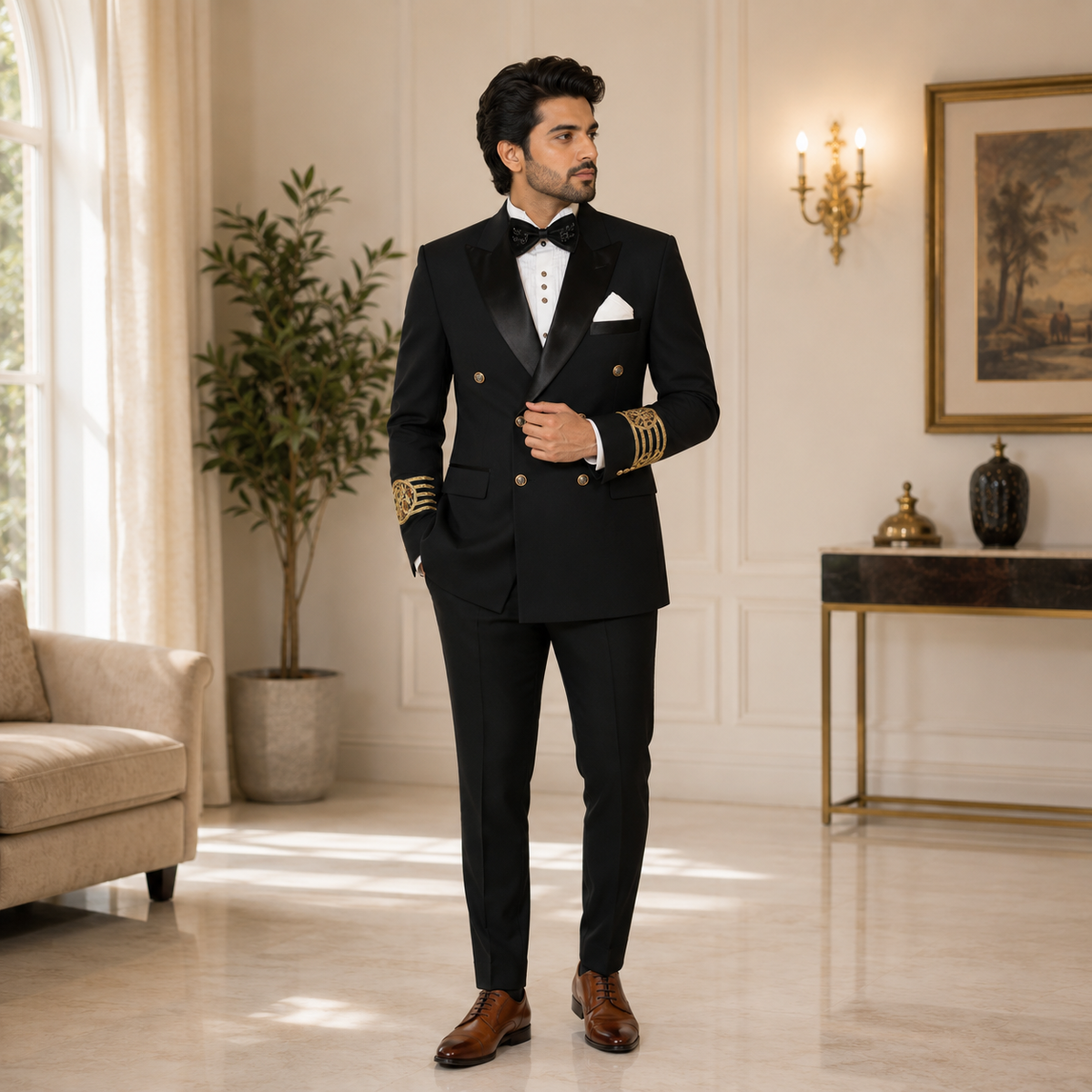 Black Double Breasted Tuxedo Suit with Satin Lapel