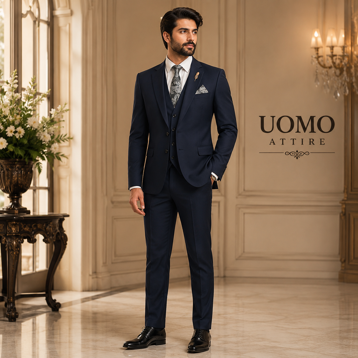 Mens suit shop's custom tailored grey 3 piece suit
