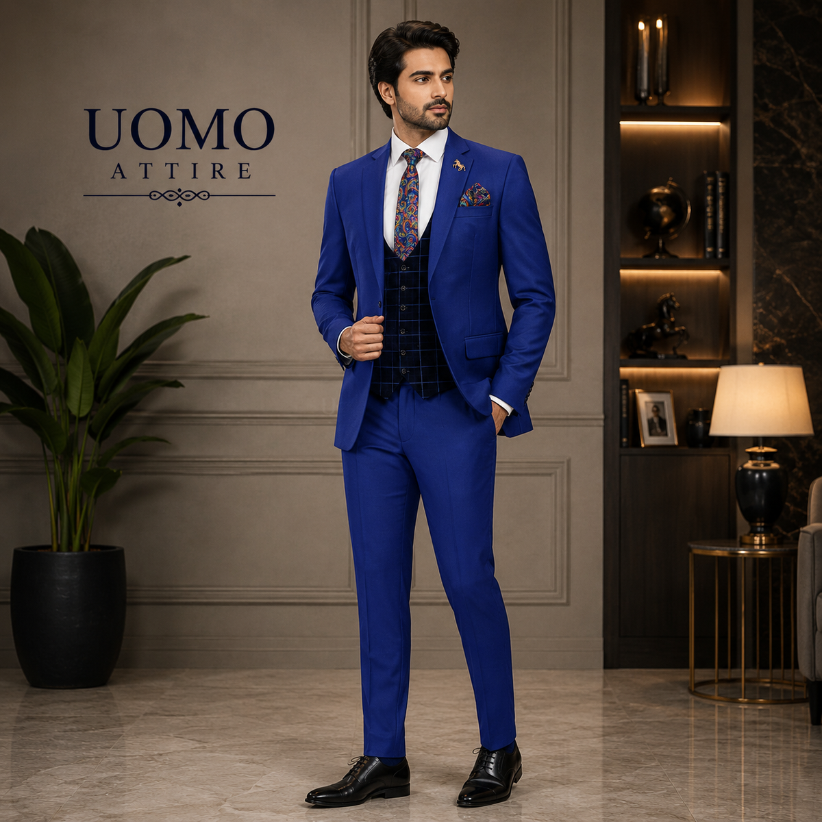Abito tre pezzi personalizzato blu elettrico
