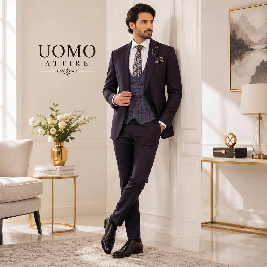 Tailor-made royal plum tropical three piece suit
