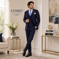 Costume trois pièces bleu marine léger texturé sur mesure