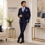 Costume trois pièces bleu marine léger texturé sur mesure