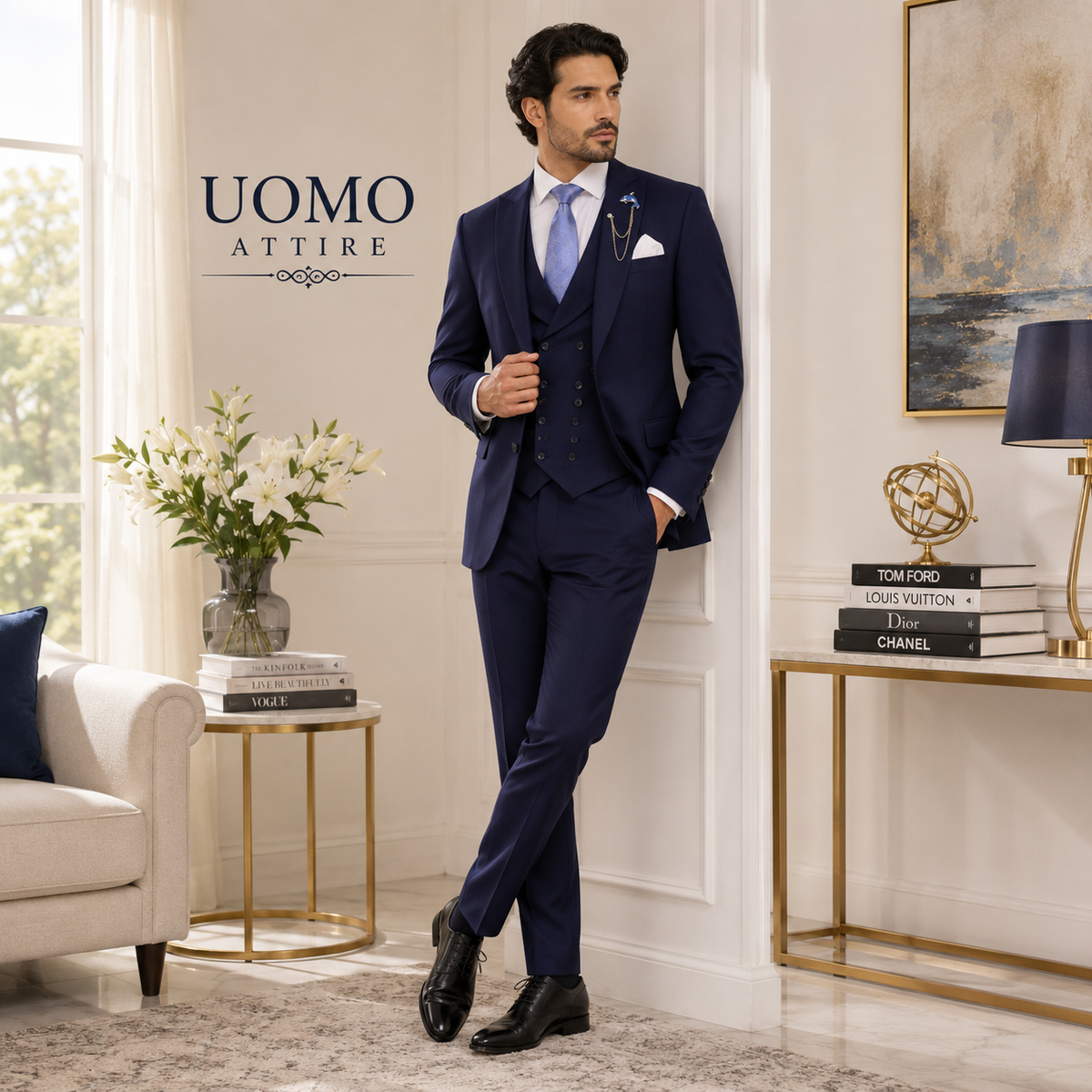 Custom-made textured light weight navy blue three piece suit