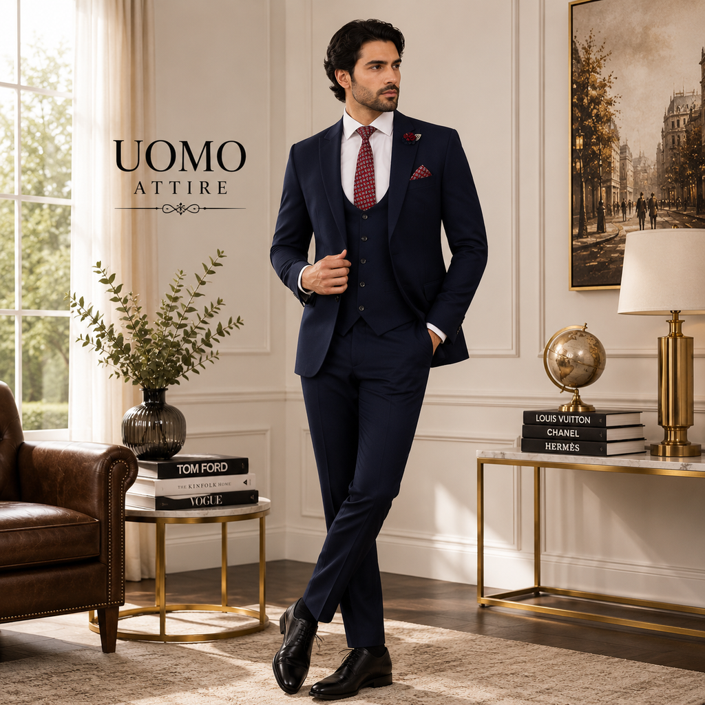 Custom-made navy blue italian 3 piece suit