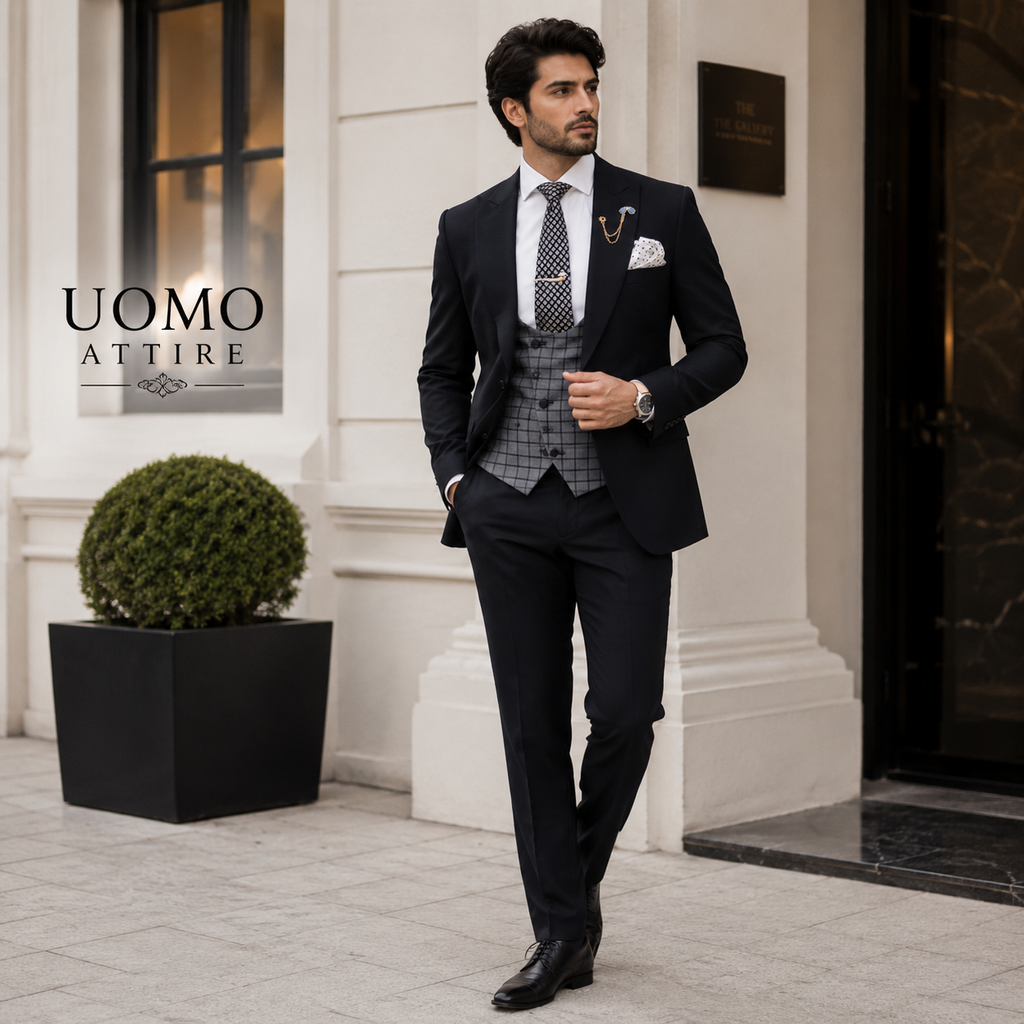 Abito tre pezzi nero a contrasto per matrimonio