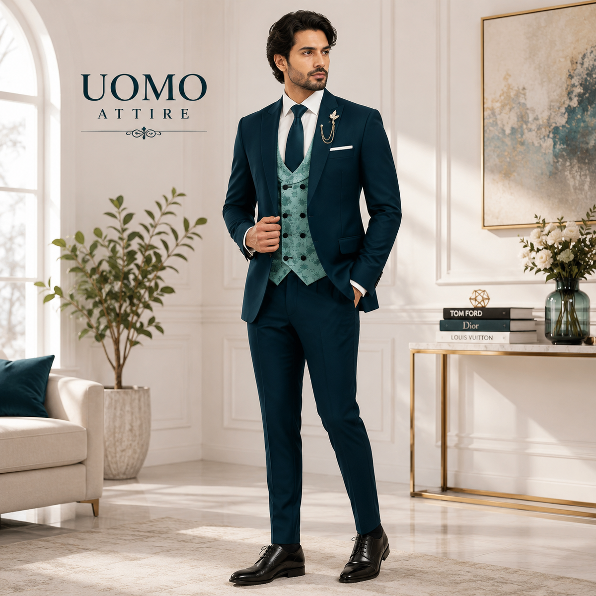 Made-to-order deep green three piece suit for men