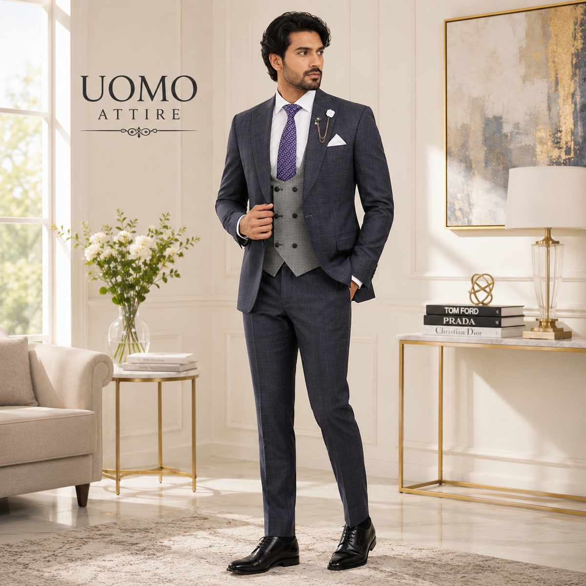 Custom-tailored contrast grey three piece suit