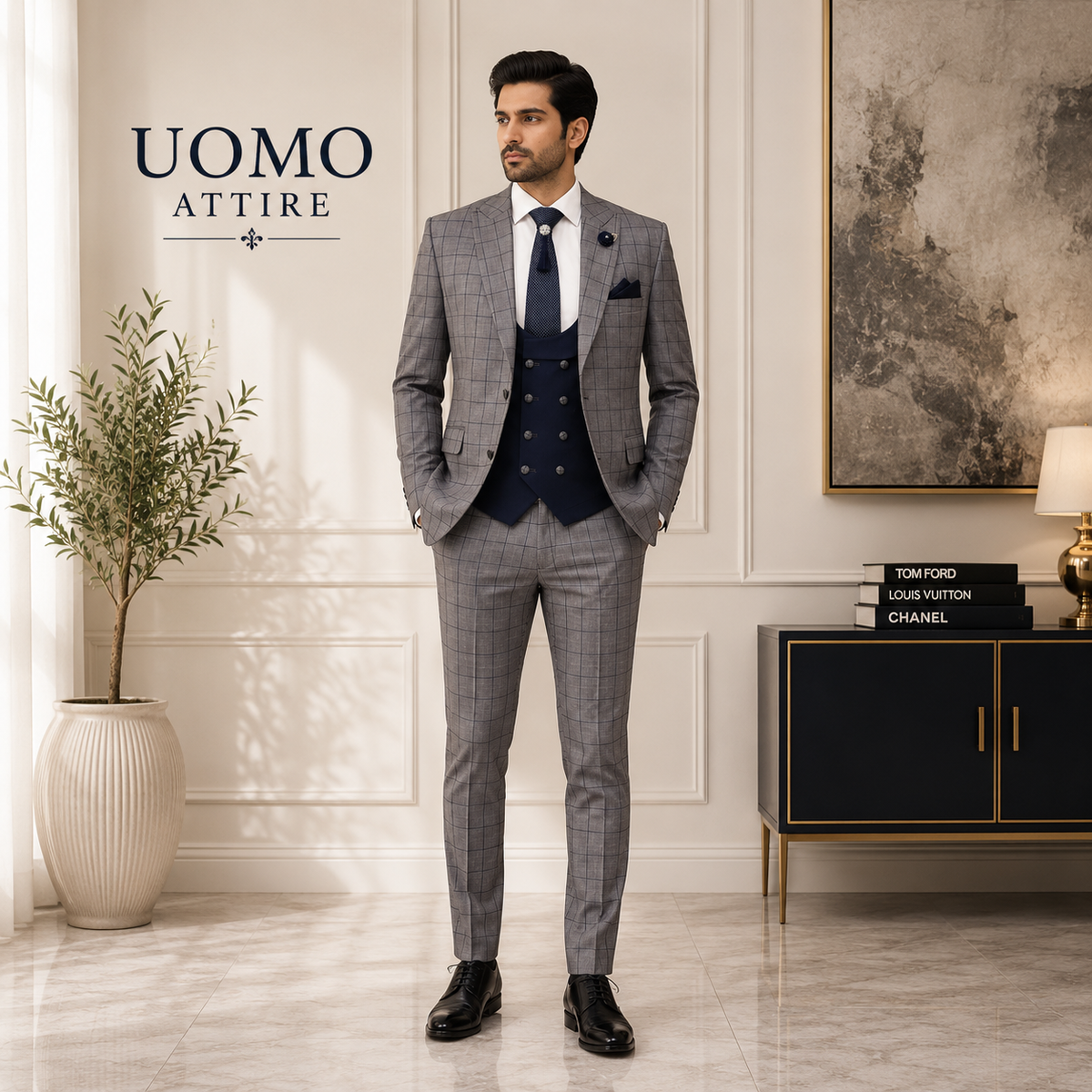 Abito 3 pezzi grigio con quadretti finestrati blu a contrasto
