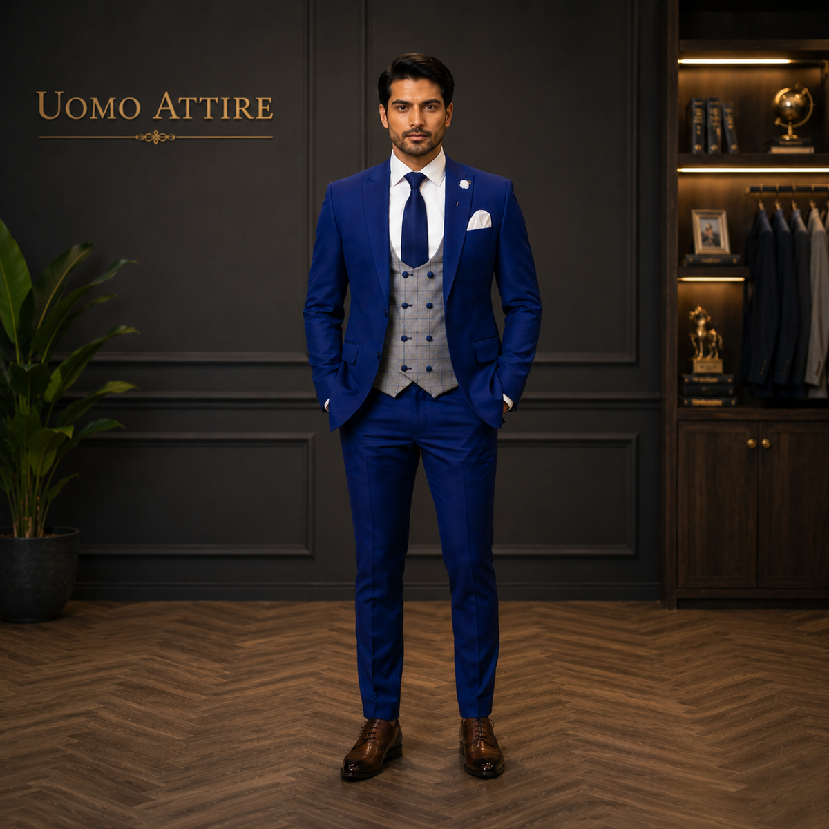 Costume trois pièces italien bleu à carreaux tropicaux