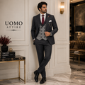 Self embossed bird eye textured ash grey three piece suit