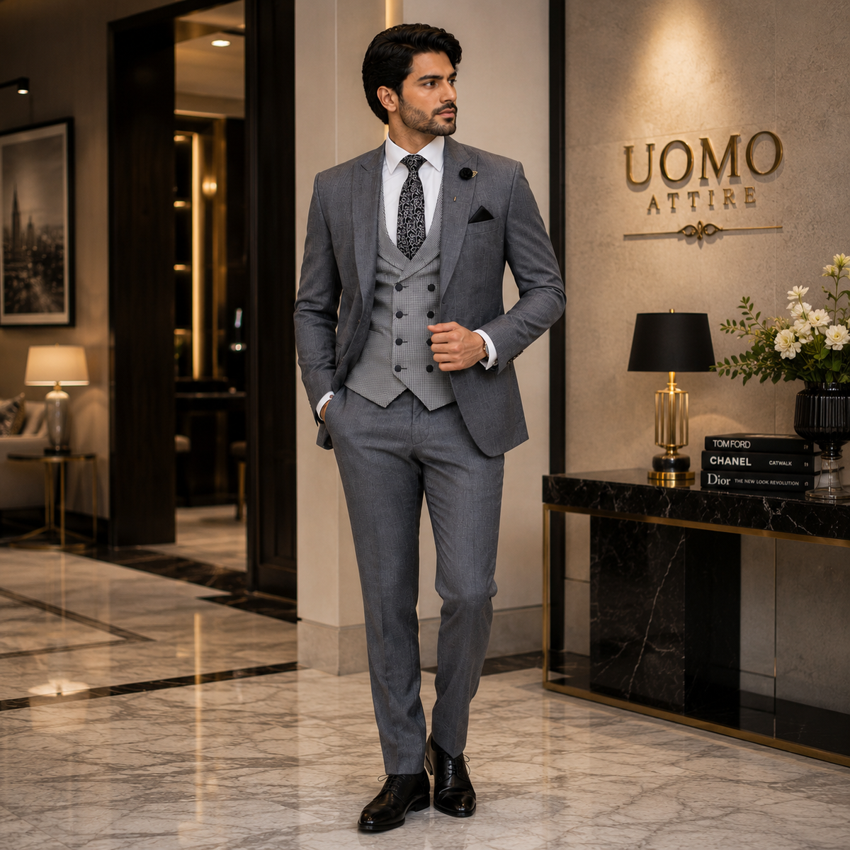 Costume trois pièces gris argent avec revers châle en V