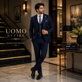 100% woolen fabric deep ink blue customized three piece suit
