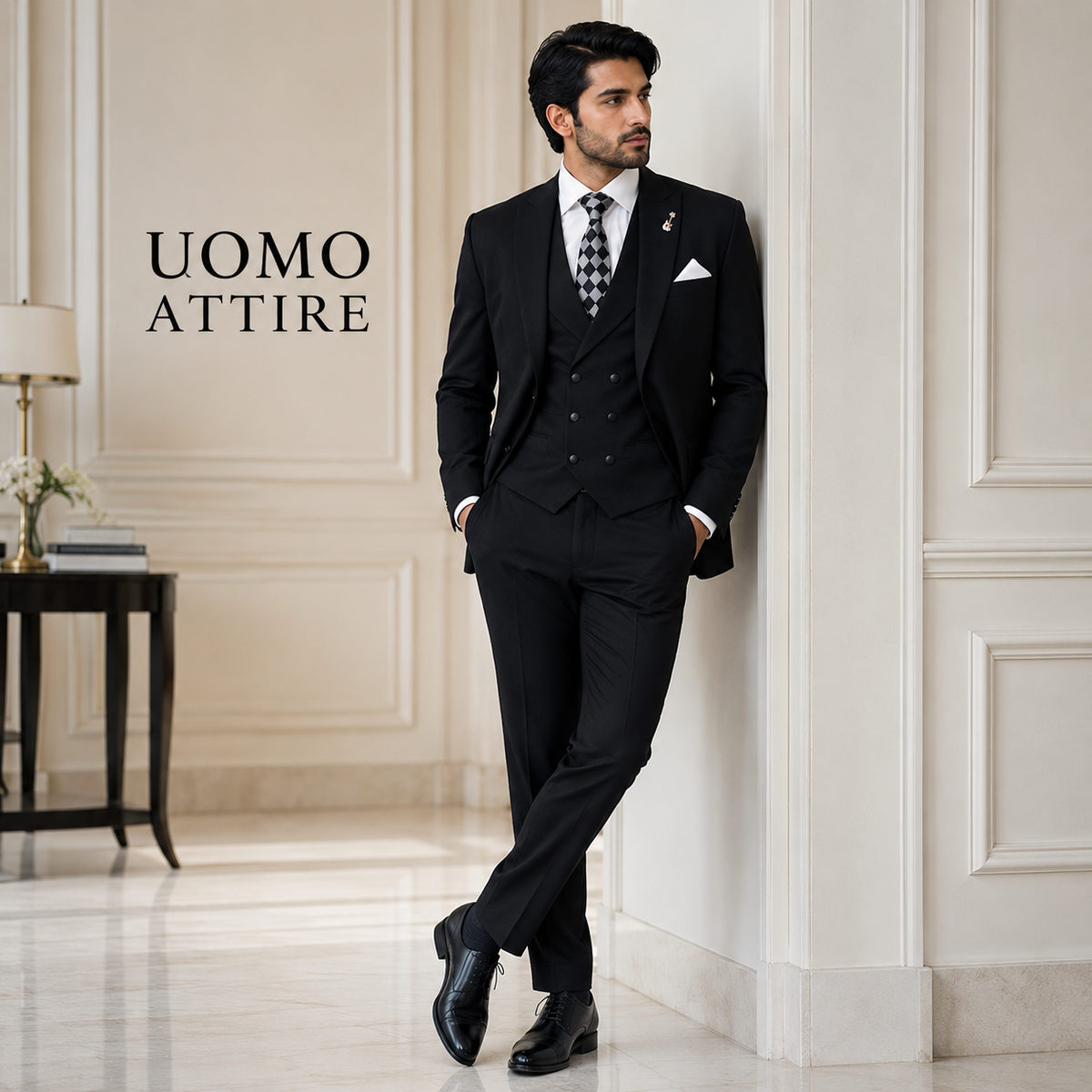 Costume trois pièces noir texturé 100% laine